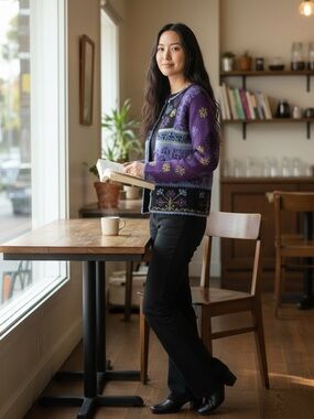 ALPACA IMPORTS sz Medium Cardigan Sweater Alpaca Wool Blend Patterned Purple +
